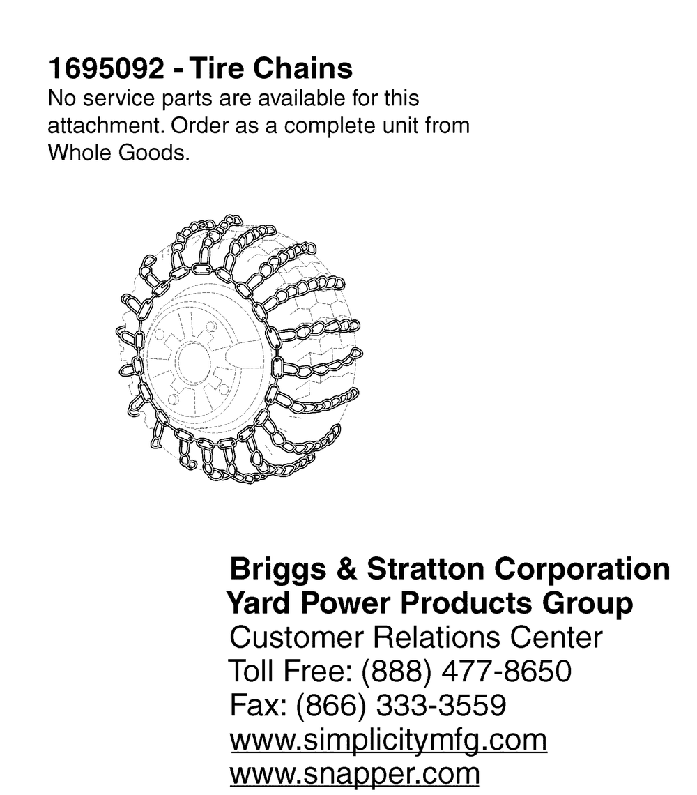 Tire Chains Diagram and Parts List for 1695092SM  Briggs and Stratton Lawn Tractor Accessories